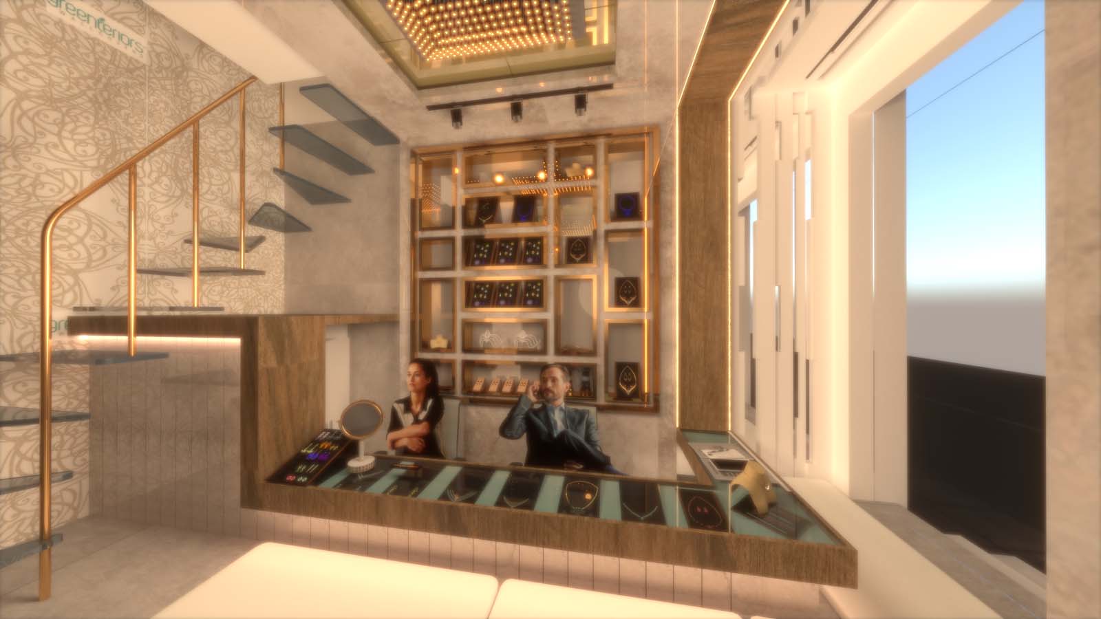 Modern compact jewellery shop with display cabinet